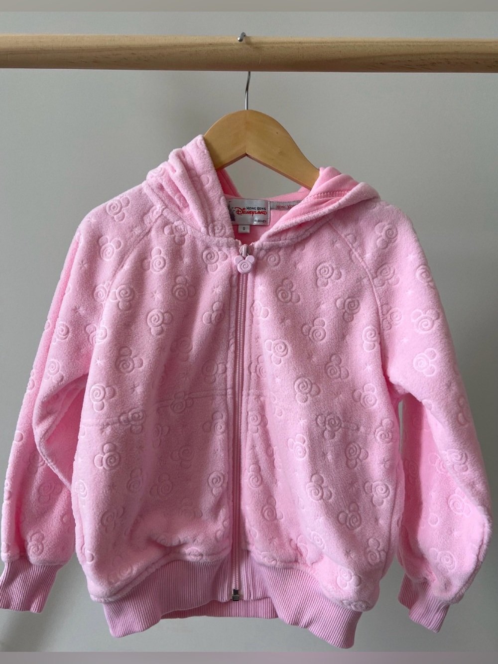 Disneyland Hong Kong Pink Fleece Hoodie Zip-Up with Embossed Mickey Small